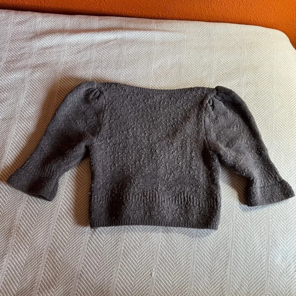 Free People Geo Floral Cardigan‎ Charcoal Grey Puff Sleeve Cropped Sweater Small